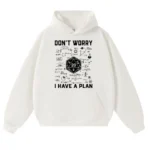 White hoodie featuring a D20 dice and scientific diagrams with the phrase "Don't Worry I Have a Plan" for science enthusiasts and tabletop gamers.