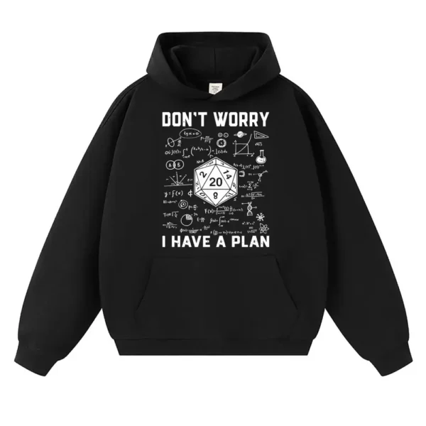 Black hoodie featuring a science-themed design with mathematical formulas and a 20-sided die, perfect for science enthusiasts and students.