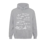 Sweat à capuche gris avec illustrations d'équations mathématiques complexes imprimées en blanc, parfait pour les amateurs de sciences et de mathématiques.