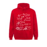 Sweat à capuche rouge avec illustrations d'équations mathématiques complexes en blanc, parfait pour les amateurs de sciences et de mathématiques.