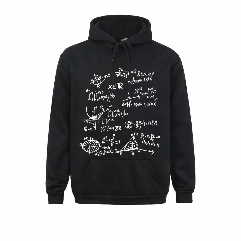 Équations mathématiques sur sweat à capuche Sweat à capuche noir avec équations mathématiques blanches, parfait pour les amateurs de sciences et mathématiques, alliant style et passion pour la science.