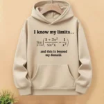 Beige hoodie featuring a mathematical limit equation and humorous quote about knowing limits and beyond. Perfect for math enthusiasts and students.