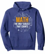 Veste à capuche bleue avec motif mathématique et slogan "Math, the only subject that counts" pour les amateurs de sciences. Parfait pour afficher votre passion pour les mathématiques au quotidien.