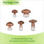 Set of five mushroom-shaped glass vases for home decor, science projects, or educational displays, featuring transparent glass with brown mushroom caps and white stems.