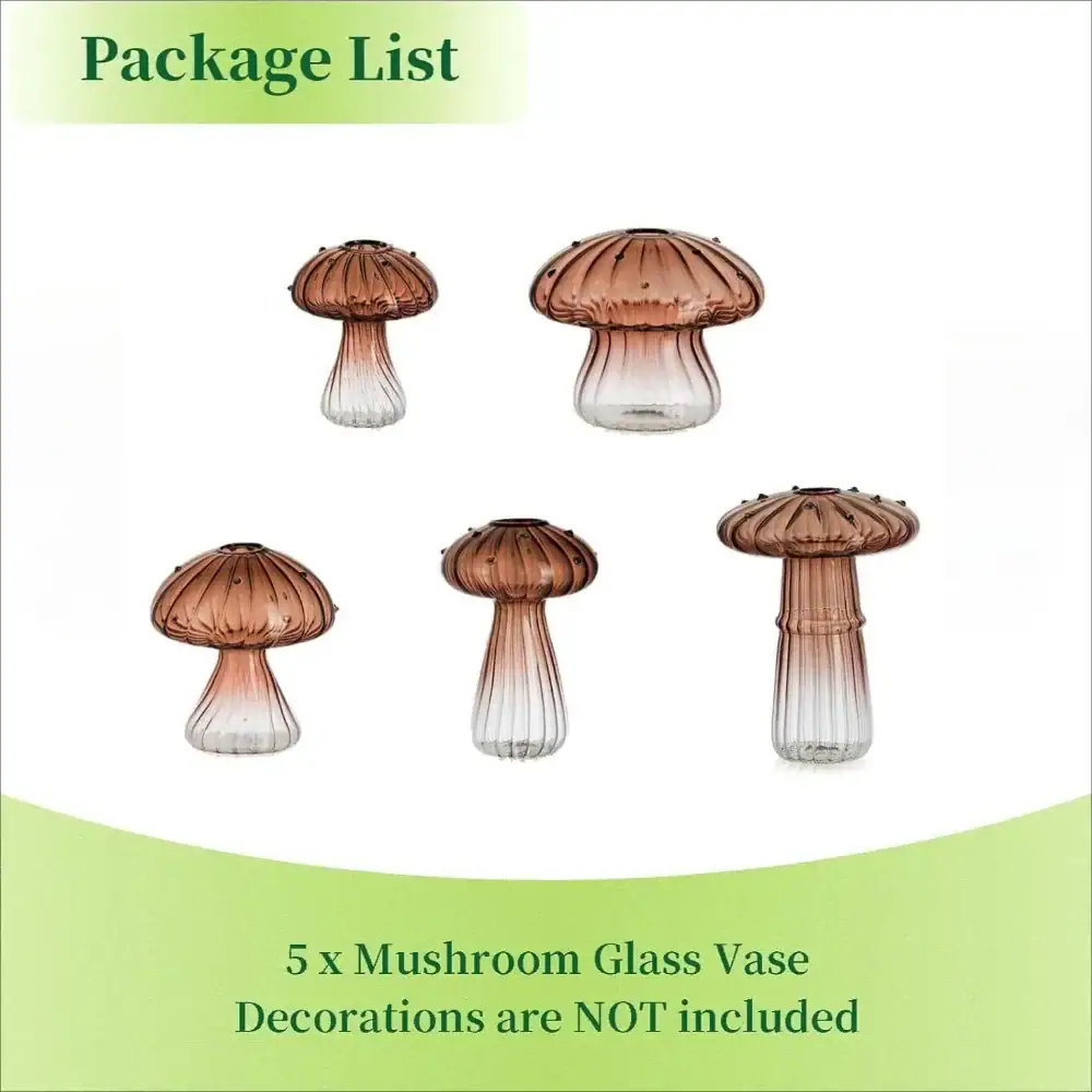 Set of five mushroom-shaped glass vases for home decor, science projects, or educational displays, featuring transparent glass with brown mushroom caps and white stems.