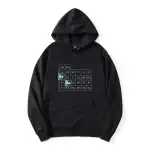 Black hoodie featuring a colorful periodic table design, perfect for science lovers and students. Comfortable and stylish, ideal for casual wear or science-themed events.