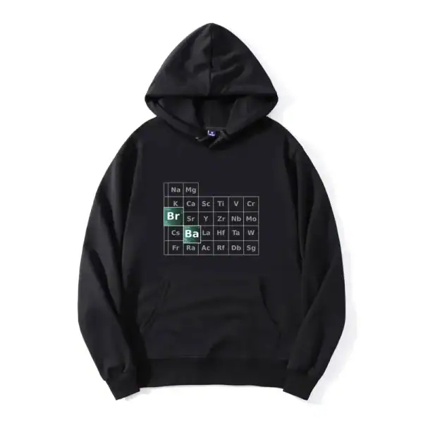 Black hoodie featuring a colorful periodic table design, perfect for science lovers and students. Comfortable and stylish, ideal for casual wear or science-themed events.