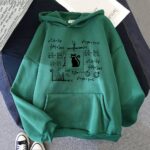 Green hoodie featuring mathematical equations and a black cat silhouette, perfect for science enthusiasts and students interested in math and physics.