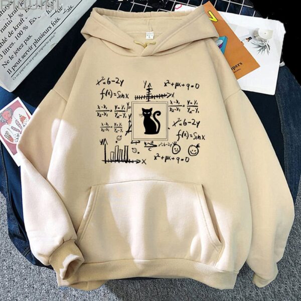 Beige hoodie featuring mathematical equations and a black cat silhouette, perfect for science enthusiasts and students.
