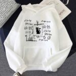 White hoodie featuring mathematical formulas and a central black cat logo, perfect for science enthusiasts and students.