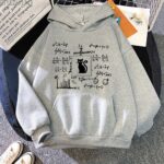 Gray hoodie featuring a black cat silhouette surrounded by mathematical equations and graphs, perfect for science and math enthusiasts.