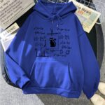 Blue hoodie featuring mathematical equations and a cat silhouette, perfect for science enthusiasts and students.