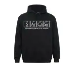 Black hoodie featuring a humorous science-themed design with the word "SArCaSm" styled as a periodic table element, perfect for science enthusiasts and students.