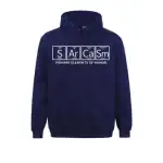 Navy blue hoodie featuring the chemical symbols for sulfur, arsenic, calcium, and samarium, with the phrase "Primary Elements of Humor" underneath, perfect for science enthusiasts.