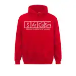 Bright red hoodie featuring the chemical symbols for humor elements with the phrase "Primary Elements of Humor" underneath, perfect for science enthusiasts and students.