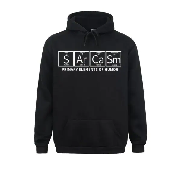 Black hoodie featuring a humorous science-themed design with the word "SArCaSm" styled as a periodic table element, perfect for science enthusiasts and students.