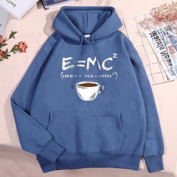 Blue hoodie featuring a playful E=MC² formula with a coffee cup illustration, perfect for science and coffee lovers.