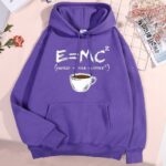 Cozy purple hoodie featuring Einstein's E=MC² formula and a coffee cup illustration, perfect for science enthusiasts and casual wear.