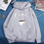Gray hoodie featuring a humorous energy equation with a coffee cup illustration, perfect for science and coffee lovers.