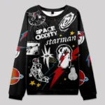 Colorful space-themed kids sweater featuring planets, rockets, astronauts, and cosmic designs, perfect for science lovers and educational play.
