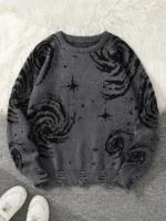 Cozy gray sweater featuring black cosmic galaxy and star patterns, perfect for science-themed fashion and casual wear.