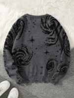 Cozy gray sweater featuring black cosmic swirl and star patterns, perfect for science and space enthusiasts.
