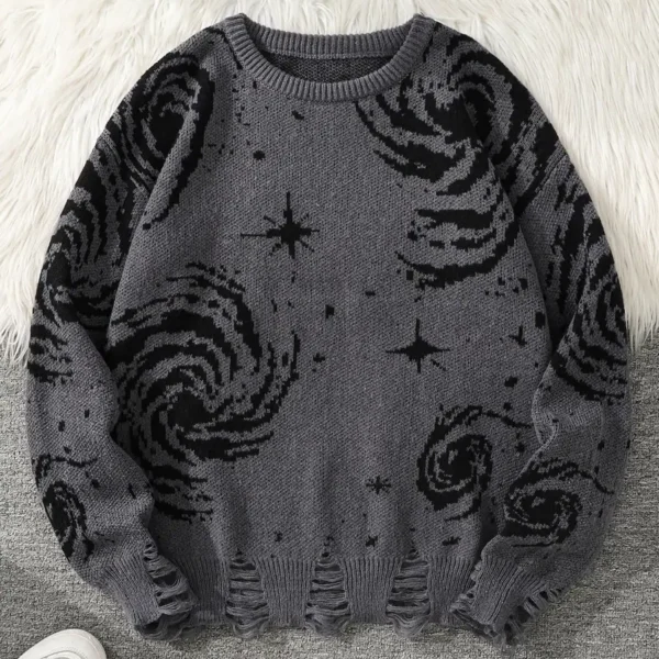 Cozy gray sweater featuring black cosmic galaxy and star patterns, perfect for science-themed fashion and casual wear.