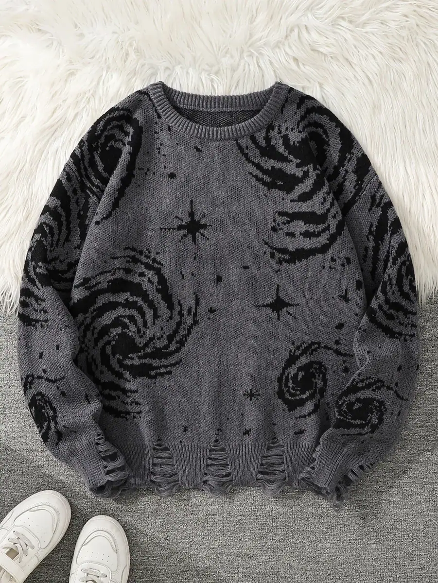 Cosmic Galaxy Pattern Sweater Cozy gray sweater featuring black cosmic galaxy and star patterns, perfect for science-themed fashion and casual wear.
