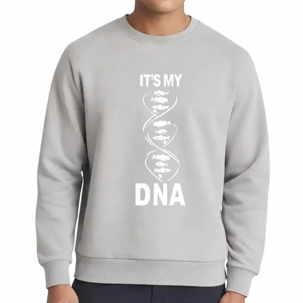 Gray sweatshirt with DNA pattern and text "It's my DNA" for science and genetics enthusiasts.