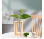 Vase en bois avec une plante verte dans un intérieur moderne, décoration naturelle et élégante pour la maison ou le bureau.