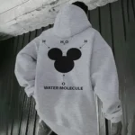 Sweat à capuche gris avec illustration scientifique de la molécule d'eau et la formule H2O, parfait pour les amateurs de science et de design.