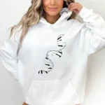 White hoodie featuring a black DNA double helix design, perfect for science enthusiasts and educational settings. Comfortable and stylish, ideal for casual wear or science-themed events.