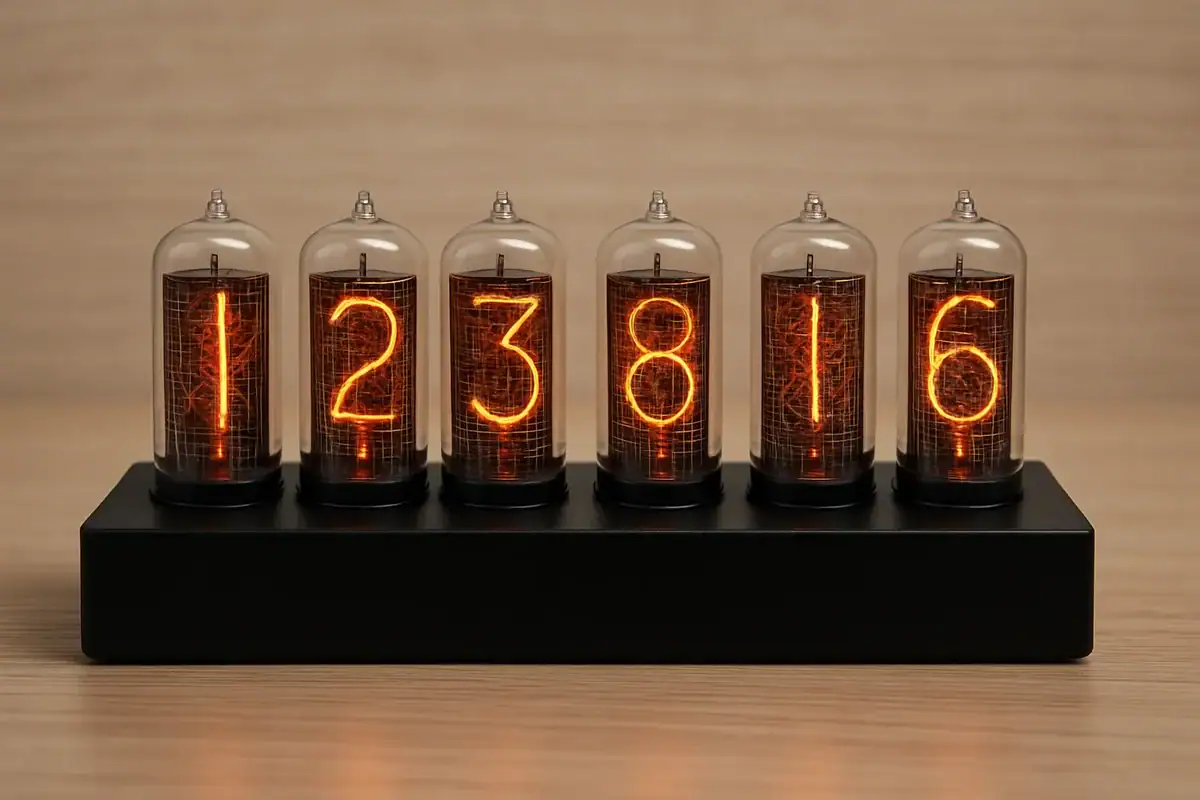 Vintage Nixie tube display showing the numbers 1, 2, 3, 8, 1, 6 on a black base, illuminated with warm orange glow, perfect for science decor and educational gadgets.